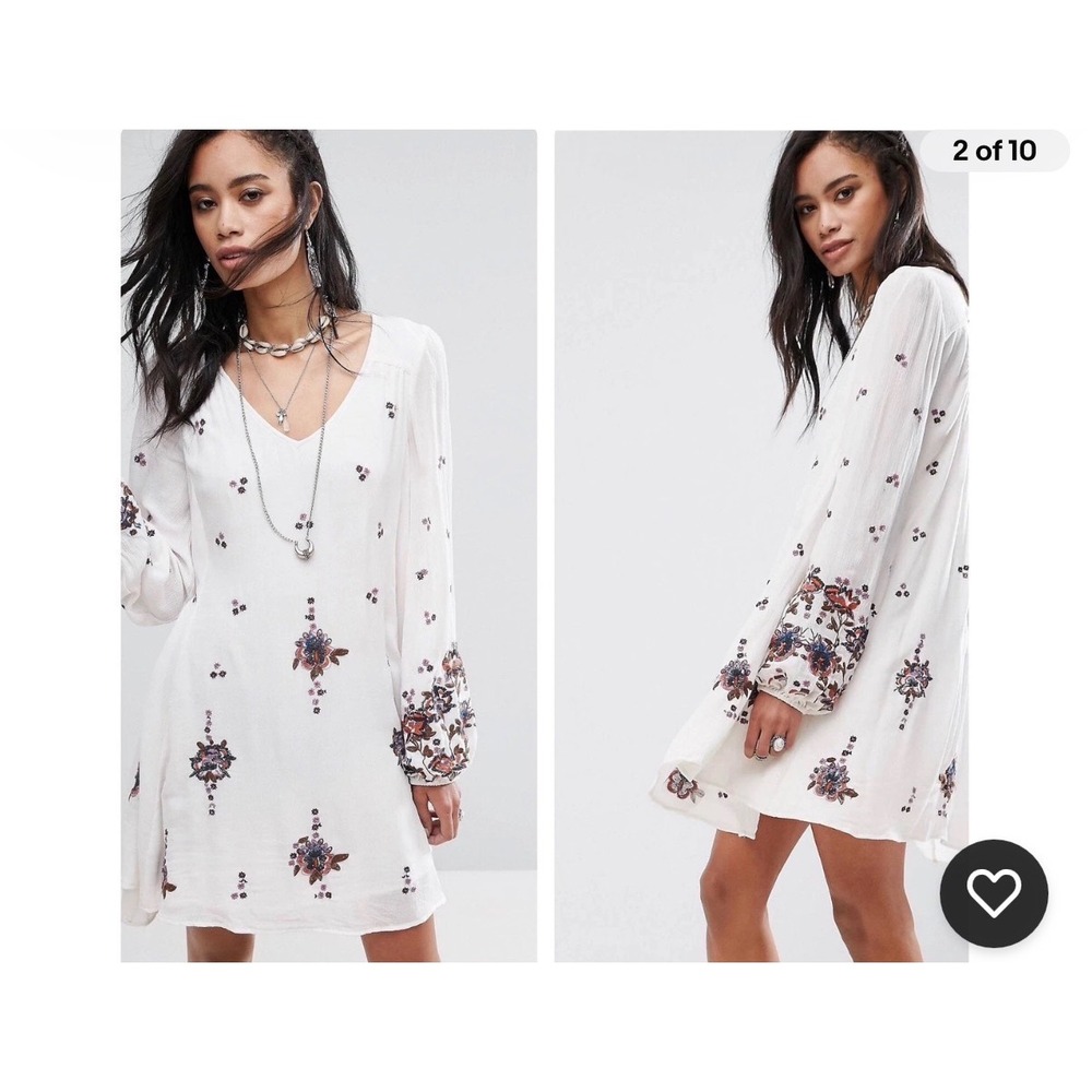 Free People White Embroidered Open Back Mini Dress Boho Tunic oxford Size L